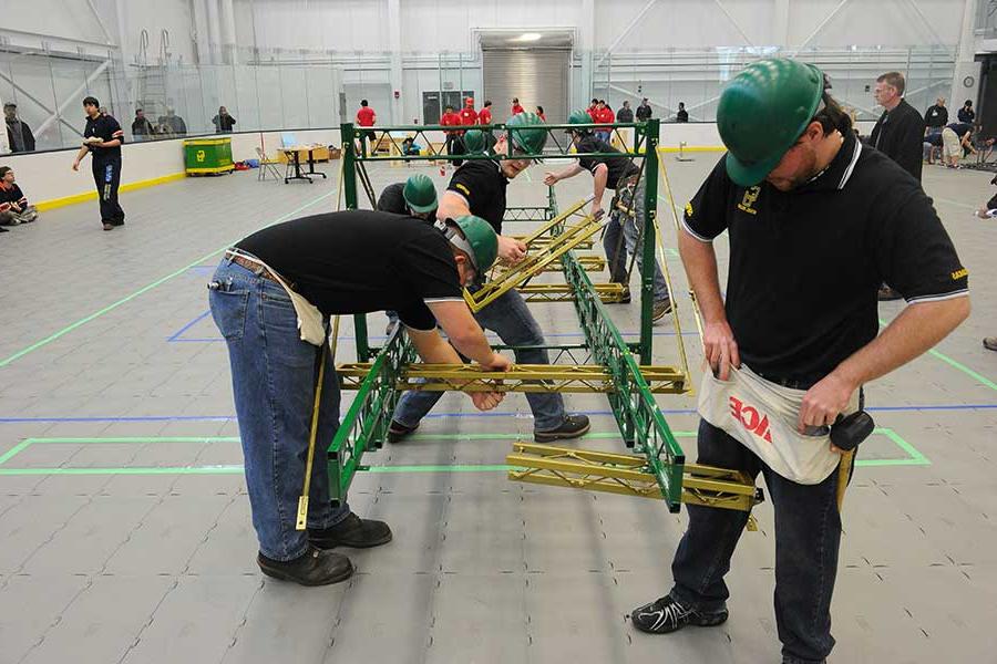 Students working on the steel bridge